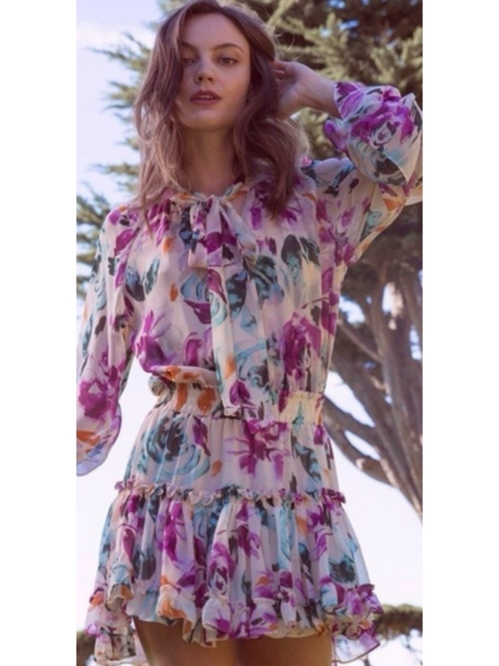 MISA Los Angeles Jolene Floral Mini Dress in Cream/Purple Size XS